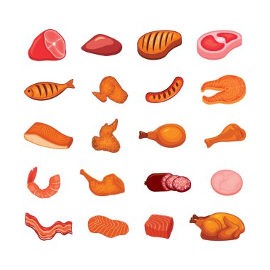 Birçok simge beyaz arkaplanda izole edilmiş vektörler oluşturur. Farklı et vektör çizimleri kümesi. Çiğ ve pişmiş et koleksiyonu. Sığır eti, domuz eti, kümes hayvanları, balık ve diğer ikon kümesi vektörü