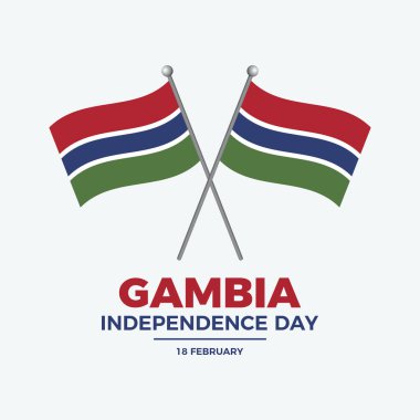 Gambiya Bağımsızlık Günü poster çizimi. Direk simgesinde iki çapraz Gambiya bayrağı. Gambiya bayrağı sallıyor. Arkaplan, afiş, kart şablonu. 18 Şubat. Önemli bir gün.