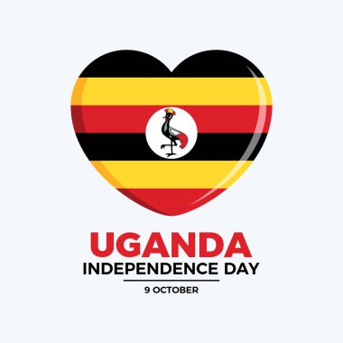 Uganda Bağımsızlık Günü poster çizimi. Kalp şeklindeki Uganda bayrağı. Ugandalı bayrak kalp aşk sembolü. Arkaplan, afiş, kart şablonu. Her yıl 9 Ekim. Önemli bir gün.