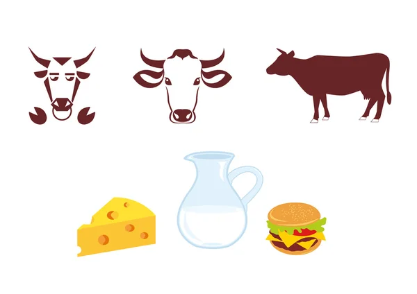 Icono de vaca y productos lácteos — Vector de stock