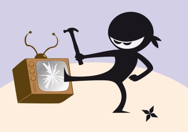 Öfkeli ninja ve kırık televizyon vektör