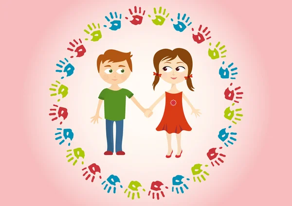 Dos niños tomados de la mano amorosamente — Vector de stock