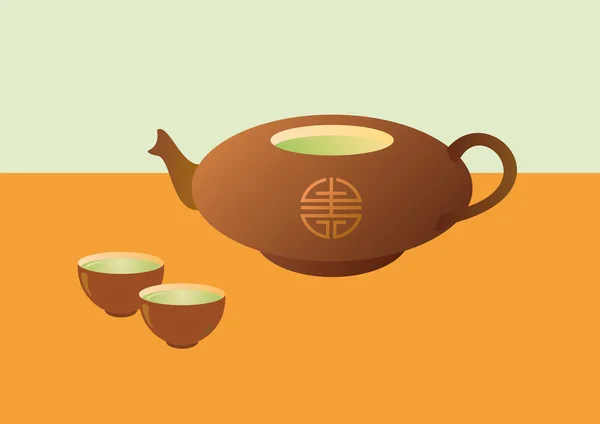 Tetera con té y tazas — Vector de stock