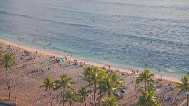 Turistler tropik bir plajda sıcak güneşin tadını çıkarırlar. Waikiki sahilinde muhteşem bir gün batımı. Hawaii Adası Oahu. Pasifik Okyanusunun Biruse dalgaları. — Stok video