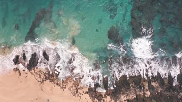 Αεροπλάνο από τηλεκατευθυνόμενο. Κάτοψη στην βραχώδη ακτή του ωκεανού. Τα μπλε κύματα του Ειρηνικού Ωκεανού συντρίβονται στον βράχο. Αφρός λευκής θάλασσας. Ηφαίστειο παραλία του τροπικού νησιού Oahu Χαβάη. — Αρχείο Βίντεο