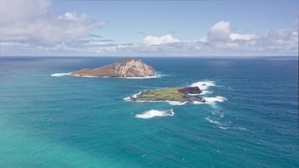 Drone volante sull'oceano. Vista dell'Isola del Coniglio. Onde dell'Oceano Pacifico si riversano sulla sabbia gialla della spiaggia tropicale. Magnifiche montagne delle Hawaii isola di Oahu. — Video Stock