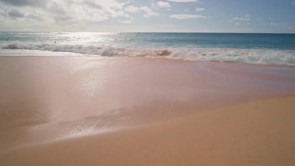 Люди купаються в океані. Жовтий пісок на Сенді Біч на тропічному острові Оаху Гаваї. Бірюзовий колір тихоокеанської води. Стедікам стріляв.. — стокове відео