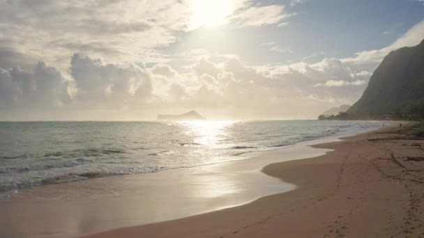 Bunte Luftaufnahme des tropischen Strandes mit türkisblauem Meerwasser und Wellen, die am versteckten weißen Sandstrand plätschern. Blauer Himmel mit grünen Bäumen. Waimanalo Beach, Insel Oahu Hawaii. 4k. — Stockvideo