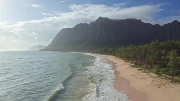 바위투성이 산의 화려 한 공중 경관. 청록색 바닷물 과 파도가 있는 열 대의 해변이 숨어 있는 백사장에 나 있다. 하와이,오아후 섬의 와이 마날로 해변. — 비디오