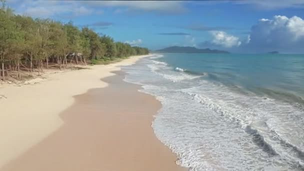 Bunte Luftaufnahme des tropischen Strandes mit türkisblauem Meerwasser und Wellen, die am versteckten weißen Sandstrand plätschern. Blauer Himmel mit grünen Bäumen. Waimanalo Beach, Insel Oahu Hawaii. 4k. — Stockvideo