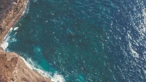 Повітряний постріл з дрона. Верхній вид на скелястий берег океану... блакитні хвилі Тихого океану розбиваються об скелі. Біла морська піна. Вулканічний пляж на острові Оаху. — стокове відео