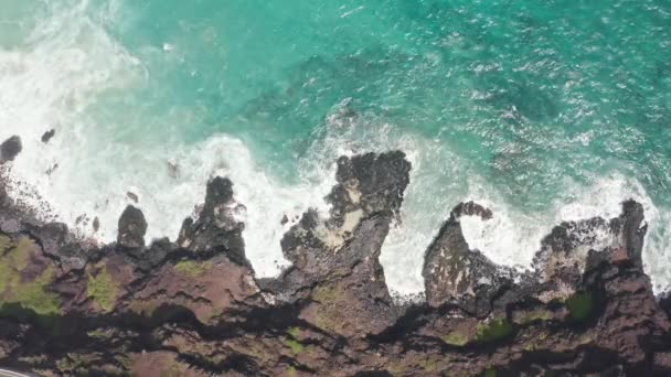 Повітряний постріл з дрона. Верхній вид на скелястий берег океану. Блакитні хвилі Тихого океану вдаряються об скелі. Біла морська піна. Вулканічний пляж на острові Оаху. — стокове відео