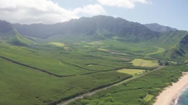 Yukarıdan aşağıya doğru hava görüntüsü. Beyaz kumlu güzel tropik sahil denizi. Üst Manzara. Hawaii Adası 'nda yaz mevsiminde boş ve temiz bir sahil..