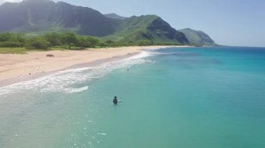 Yukarıdan aşağıya doğru hava görüntüsü. Beyaz kumlu güzel tropik sahil denizi. Üst Manzara. Hawaii Adası 'nda yaz mevsiminde boş ve temiz bir sahil..