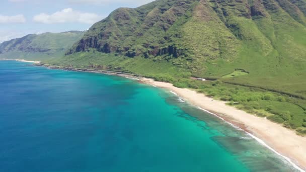 Luchtfoto van boven naar beneden, Drone schot. Prachtige tropische strand zee met wit zand. Bovenaanzicht. Leeg en schoon strand in het zomerseizoen op Oahu Hawaii Island. — Stockvideo