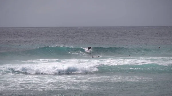 Surfista montando y girando con spray en la ola azul del océano, surf estilo de vida oceánico, deportes extremos. Grandes olas con espuma blanca en Hawaii. Océano Pacífico — Foto de Stock