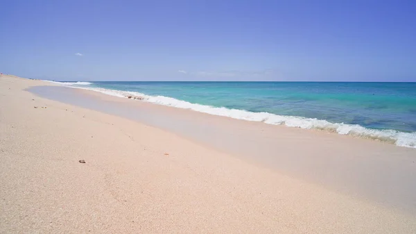 Blue Ocean, Yellow Sandy Beach Nature Tropical Islands Oahu Hawaii. Tichý oceán. Tyrkysové mořské pozadí. Jasný slunečný den v tropech. — Stock fotografie