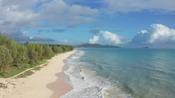 Veduta aerea colorata della spiaggia tropicale con acqua turchese blu oceano e onde che lambiscono sulla spiaggia di sabbia bianca nascosta. Cieli blu con vegetazione verde degli alberi. Waimanalo Beach, Oahu Hawaii Island. 4k. — Foto Stock