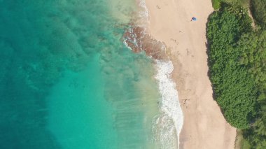 Yukarıdan aşağıya doğru hava görüntüsü. Beyaz kumlu güzel tropik sahil denizi. Üst Manzara. Hawaii Adası 'nda yaz mevsiminde boş ve temiz bir sahil..
