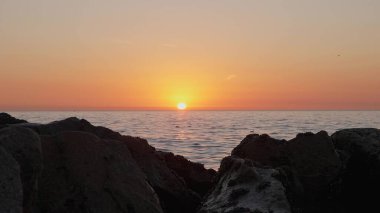 Dramatik okyanus batımı. Yanan gökyüzü ve parlayan altın dalgalar kayalara çarptı. Gün batımı denizi 4k. Martılar uçuyor. Kızıl gökyüzü, sarı güneş ve inanılmaz deniz. Yaz günbatımı deniz manzarası. Yavaş çekim.
