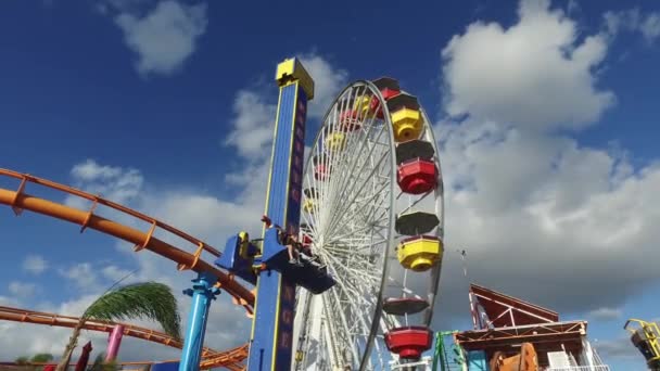 Pacific Park Amusement Center rides on pier — Stock Video