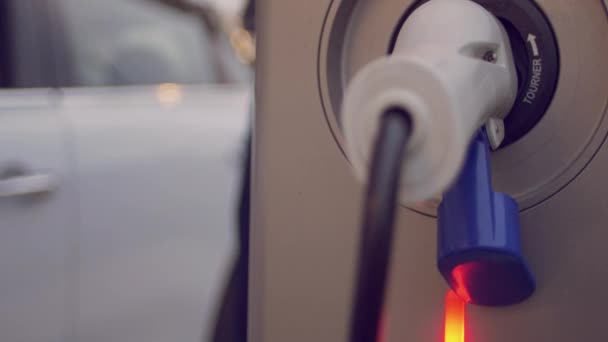 Hombre hablando por teléfono mientras carga su coche eléctrico — Vídeos de Stock