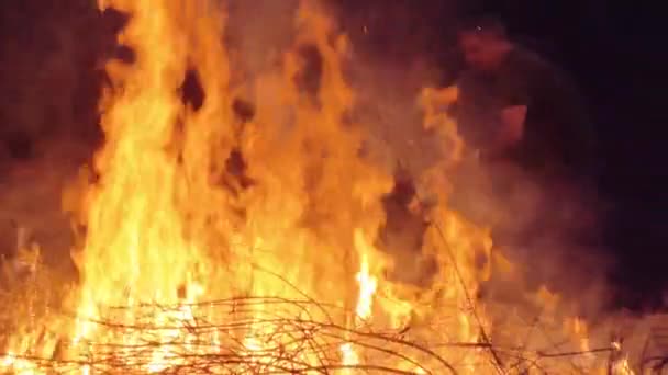 男人在篝火上烧干枝的慢动作镜头 — 图库视频影像