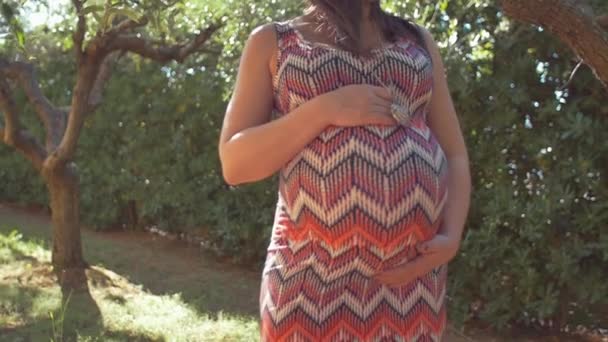 Gravid kvinna njuter av naturen i trädgården. skjuten i slow motion — Stockvideo