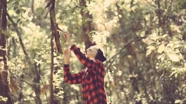 Menina explorando a floresta — Vídeo de Stock