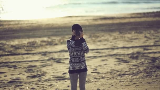 Girl taking photo with  film camera — Stock Video