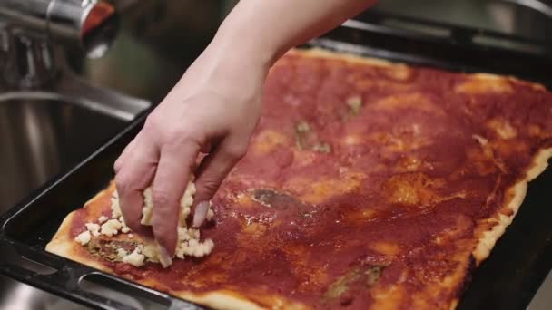 Woman applaying cheese on  pizza — Stock Video