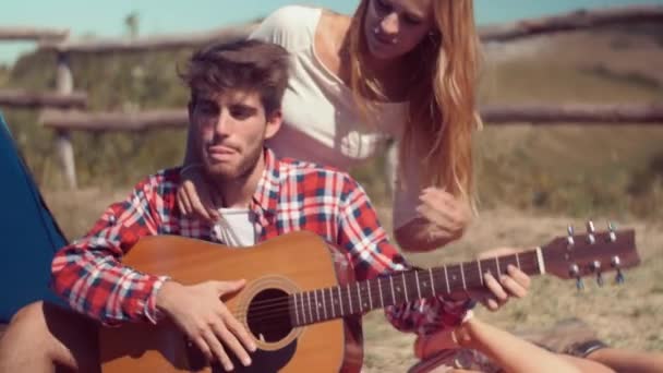 Man Playing Guitar At Camp — Stock Video