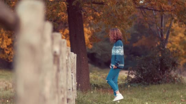 Girl on fence looking away — Stock Video