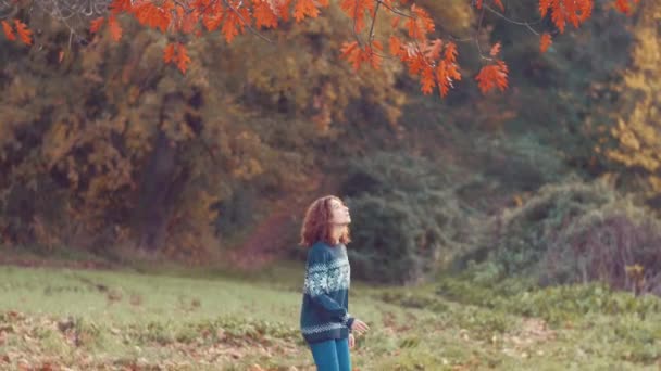 Fille saute pour attraper les feuilles d'une branche — Video