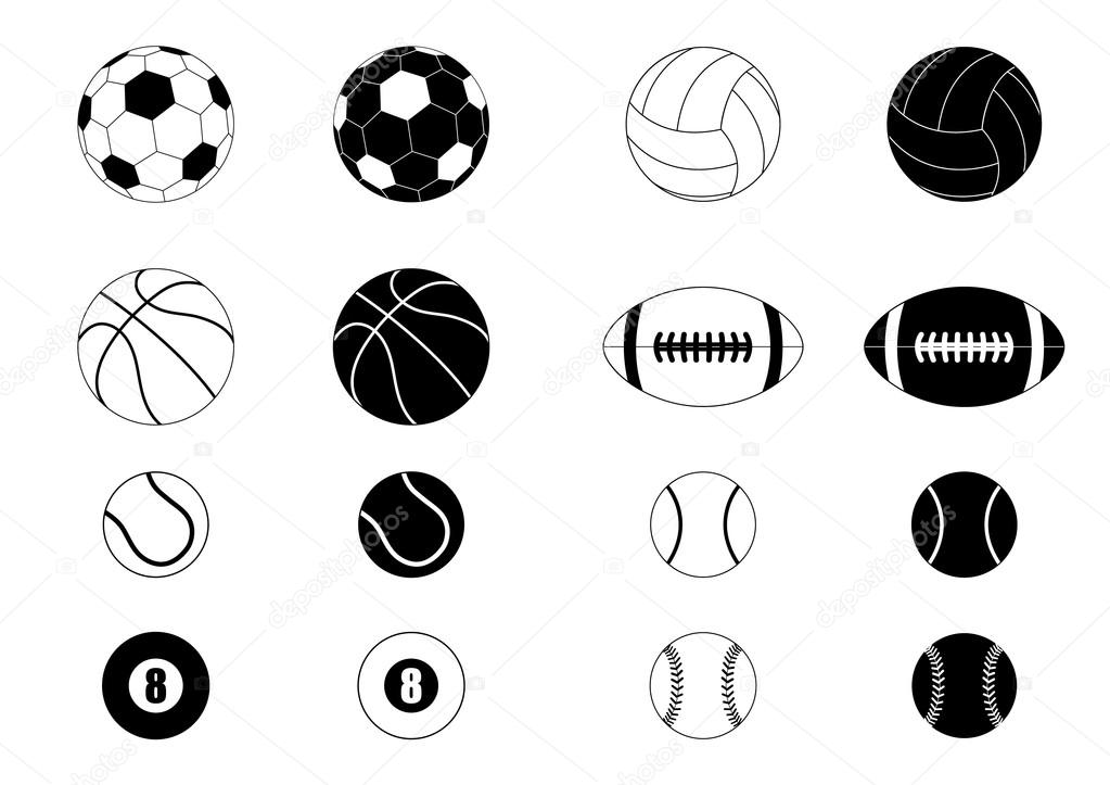 The Set Of Black And White Sports Balls Vector Illustration Silhouettes