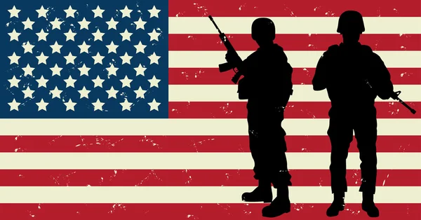 US Soldiers Front of the American Flag. Ilustración vectorial — Vector de stock