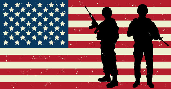 US Soldiers Front of the American Flag. Vector Illustration