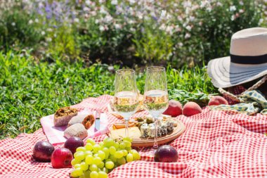 Parkta çimlerin üzerinde yaz pikniği. Şarap, meyve ve kruvasan.