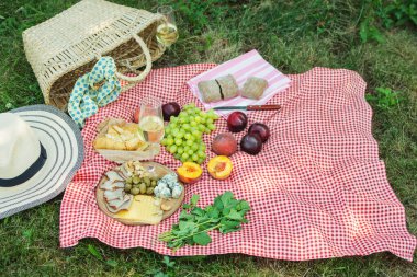 Parkta çimlerin üzerinde yaz pikniği. Şarap, meyve ve kruvasan.