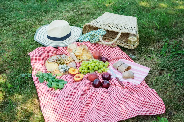 Summer picnic in the park on the grass. Wine, fruit and croissants