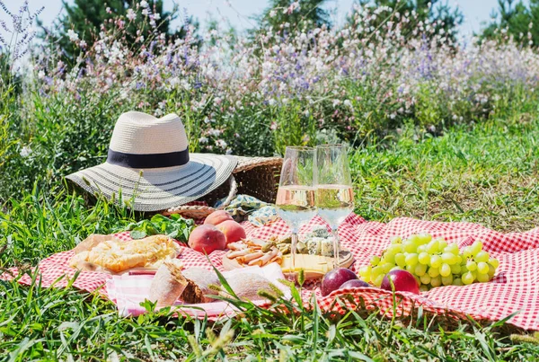 Summer picnic in the park on the grass. Wine, fruit and croissants Royalty Free Stock Images
