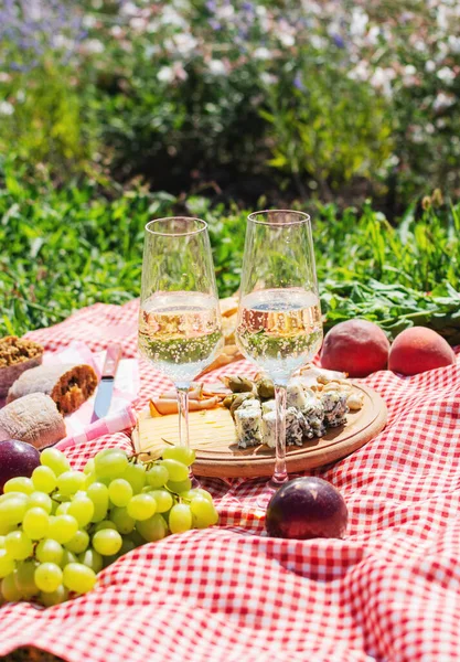 Parkta çimlerin üzerinde yaz pikniği. Şarap, meyve ve kruvasan.