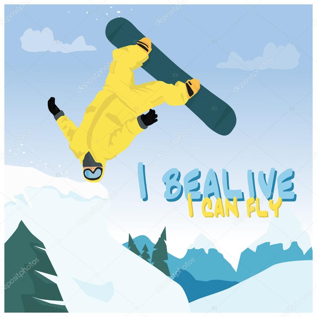 Snowboarder jumping pose on winter outdoor background