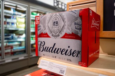 Budweiser 'ın 30 paket bira kutusu manzarası. Toronto, Kanada - 20 Kasım 2025.