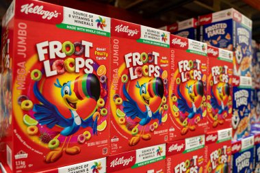 Kellogg 's Froot Loops mısır gevreği kutularını kapatın. Toronto, Kanada - 26 Kasım 2025.