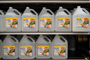 Süpermarket rafındaki Great Value beyaz sirke şişelerini kapatın. Toronto, Kanada - 26 Kasım 2025.