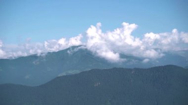 Sisli havada dağdaki bulutların ve ağaçların görüntüsü
