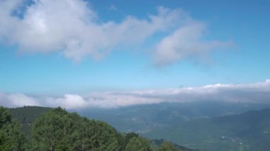 Sisli havada dağdaki bulutların ve ağaçların görüntüsü