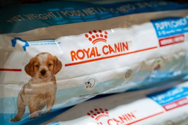 Royal Canin köpek maması ambalajını kapatın. Milton, Kanada - 29 Kasım 2025.