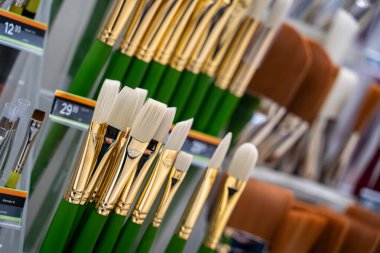 Mağaza raflarında sergilenen sanatçı boya fırçalarını kapat.